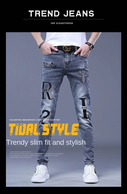 Slim Fit Korean Streetwear Graphical Printed Luxury Hip-Hop Stretch Denim Jeans for Men - Perfect Medium Wash Jeans Outfit